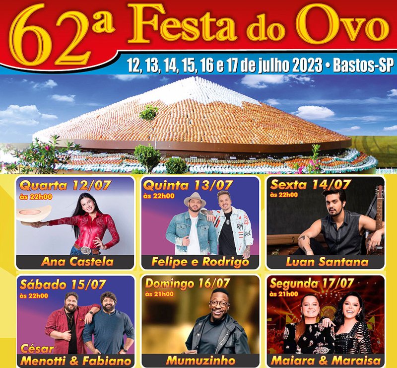 Definida a programação da 62ª Festa do Ovo; Luan Santana, César Menotti